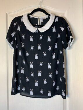Twik by Simons Black French Bulldog Print Blouse with White Peter Pan Collar M